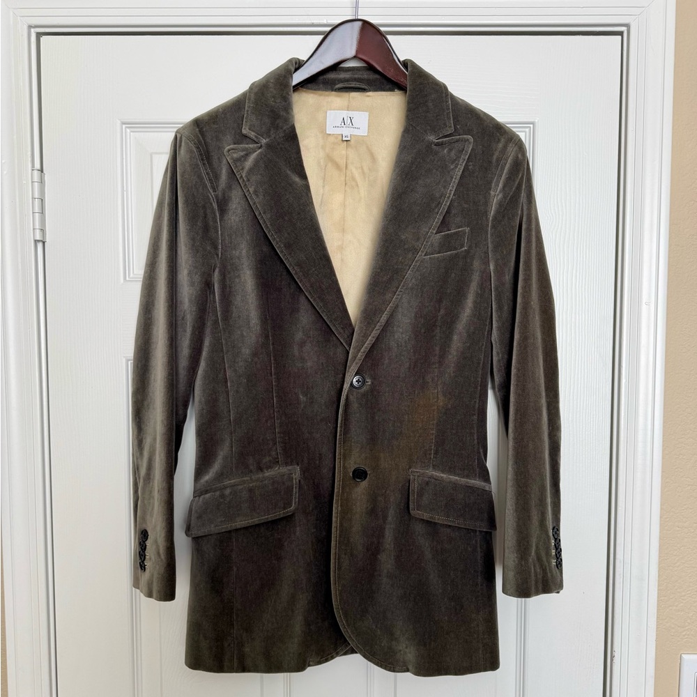 Armani Exchange grey velvet unstructured jacket with gold lining